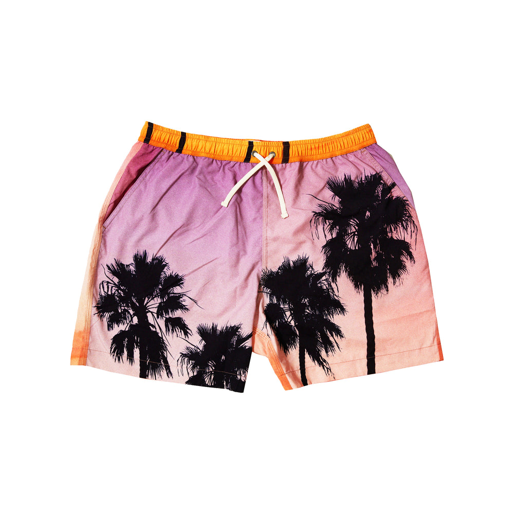 
                
                    Load image into Gallery viewer, Blue Sky Inn Sunset Palms Swim Trunks In Pink - CNTRBND
                
            