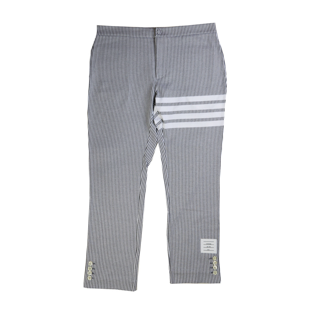 Thom Browne 4 Bar Stripe Seersucker Trousers In Grey - CNTRBND