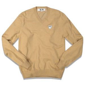 COMME DES GARCONS PLAY White Heart V Neck Pullover In Camel - CNTRBND